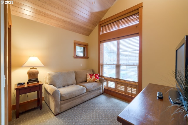 living room featuring vaulted ceiling, wood ceiling, and carpet flooring