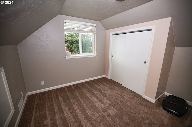 additional living space featuring carpet, a textured ceiling, and vaulted ceiling