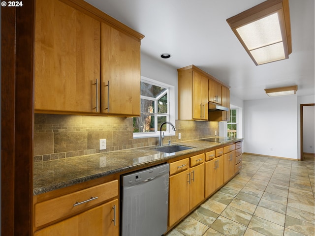 kitchen featuring black electric cooktop, backsplash, dark stone countertops, sink, and stainless steel dishwasher