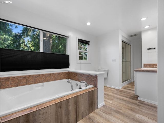 bathroom with vanity, separate shower and tub, and hardwood / wood-style floors