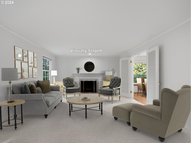 living room with light carpet, crown molding, and a healthy amount of sunlight