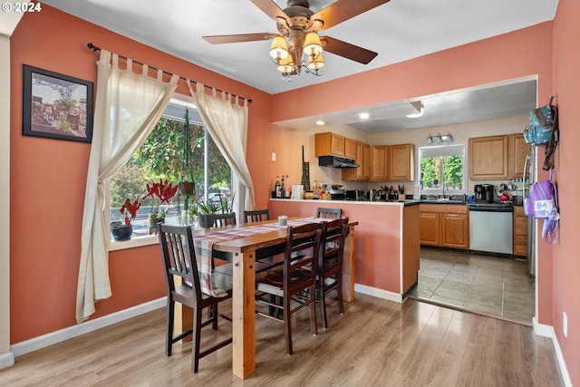 dining area with light hardwood / wood-style floors, sink, and ceiling fan