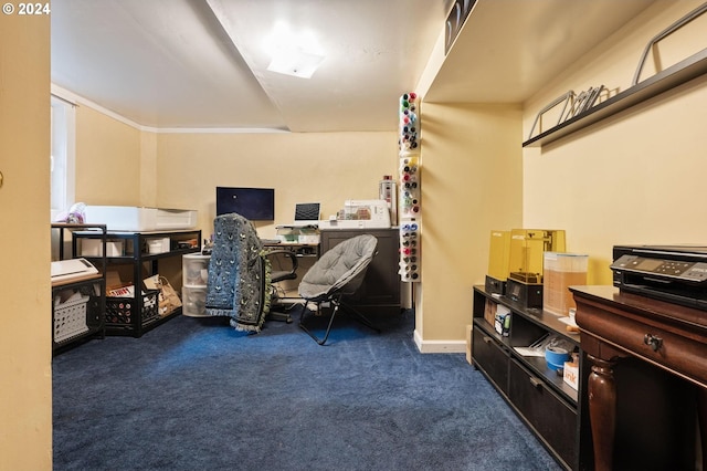 carpeted office featuring ornamental molding