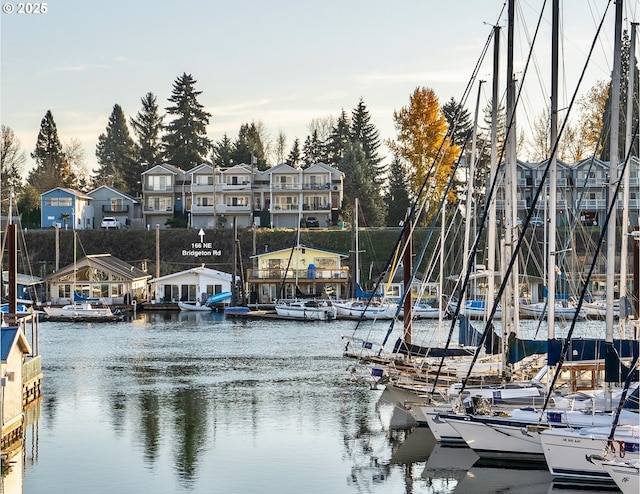 view of dock with a residential view and a water view