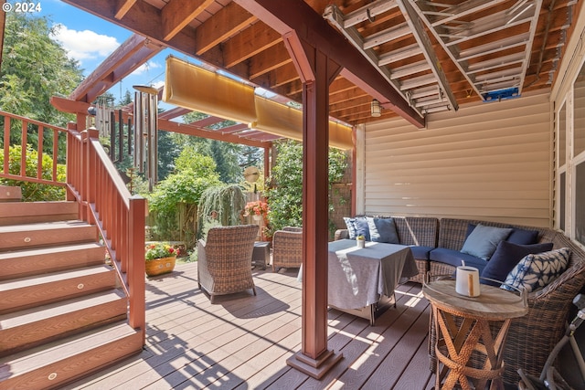 wooden deck with outdoor lounge area and stairs