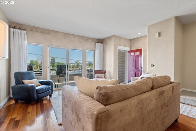 living room with a textured ceiling, baseboards, and wood-type flooring