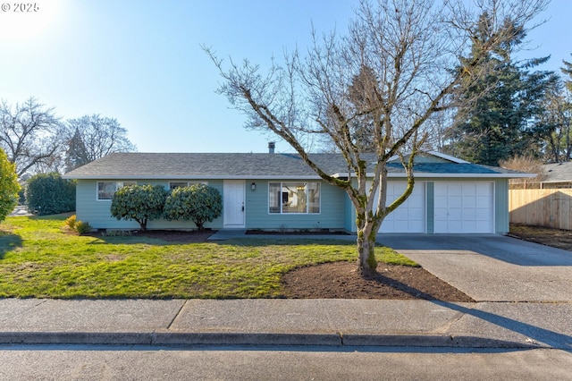 ranch-style house with a garage and a front lawn