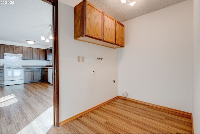 clothes washing area featuring a textured ceiling and light hardwood / wood-style floors