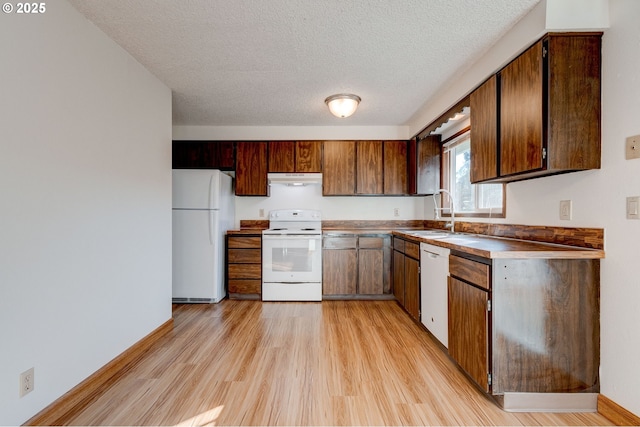 kitchen featuring sink, white appliances, light hardwood / wood-style flooring, and a textured ceiling