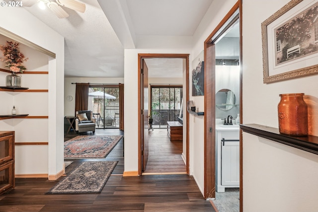 interior space with sink, dark hardwood / wood-style floors, and ceiling fan