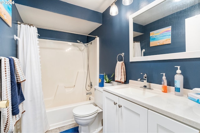 full bathroom featuring vanity, toilet, tile patterned floors, and shower / bath combination with curtain