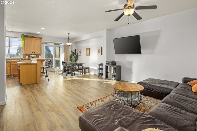 living room with ceiling fan, light hardwood / wood-style floors, and a textured ceiling