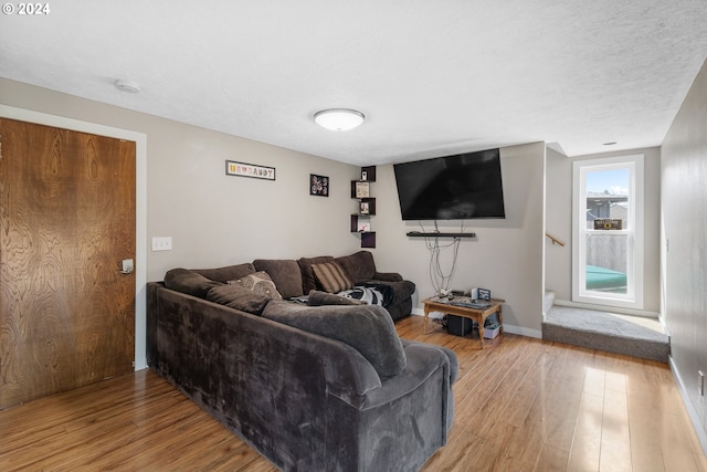 living room featuring a textured ceiling and wood-type flooring