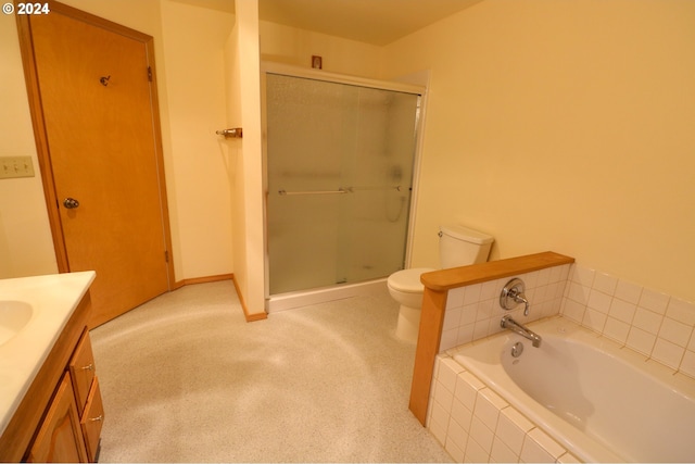 full bathroom with vanity, plus walk in shower, and toilet