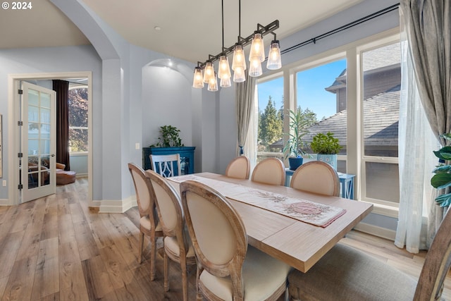 dining area featuring a wealth of natural light, an inviting chandelier, and light hardwood / wood-style flooring