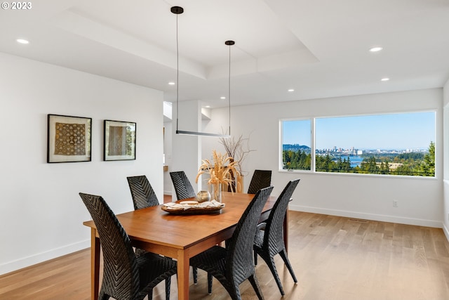 dining room with light hardwood / wood-style floors and a tray ceiling