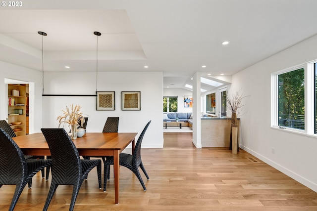 dining area featuring a healthy amount of sunlight, light hardwood / wood-style floors, and a tray ceiling