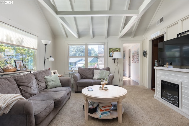 living room with beam ceiling, high vaulted ceiling, and light hardwood / wood-style floors