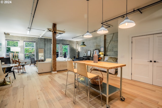 kitchen with light hardwood / wood-style floors and decorative light fixtures