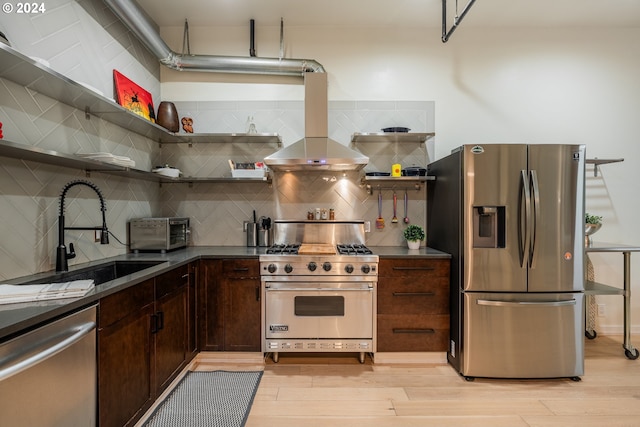 kitchen with island exhaust hood, backsplash, stainless steel appliances, sink, and light hardwood / wood-style floors