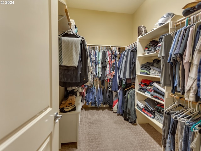 walk in closet with light carpet