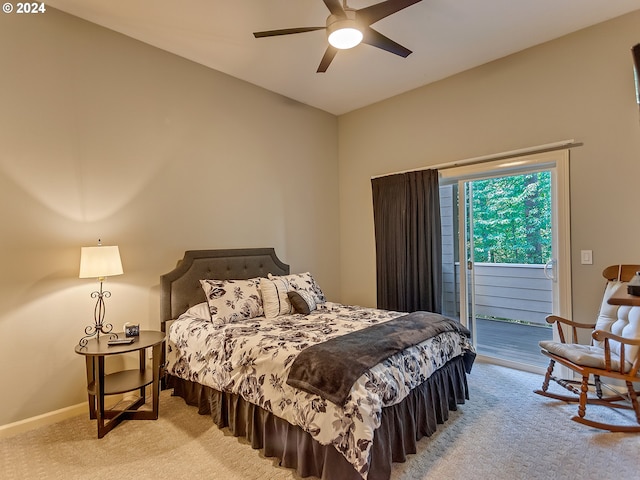 bedroom featuring light carpet, access to outside, and ceiling fan