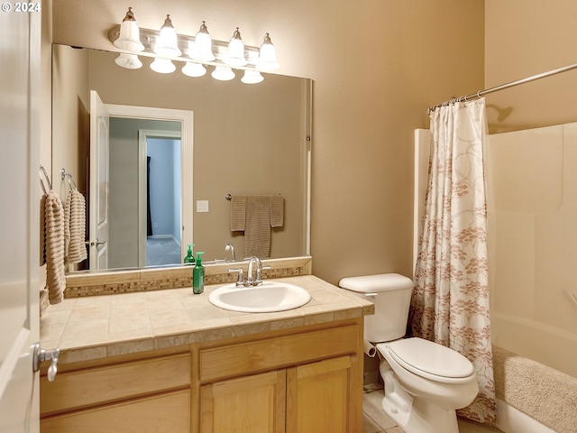 bathroom with vanity, shower / bathtub combination with curtain, and toilet