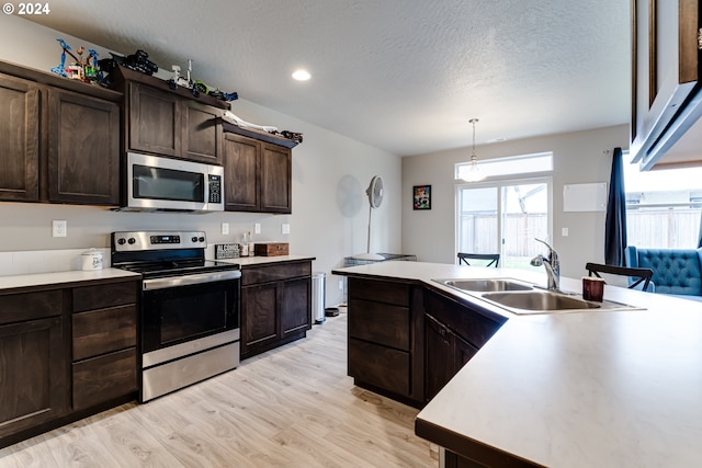 kitchen with sink, dark brown cabinets, pendant lighting, light wood-type flooring, and appliances with stainless steel finishes