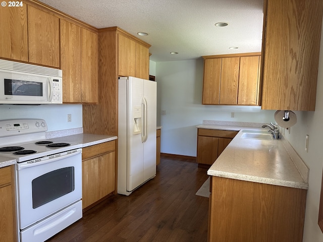 kitchen with white appliances, brown cabinetry, dark wood finished floors, light countertops, and a sink