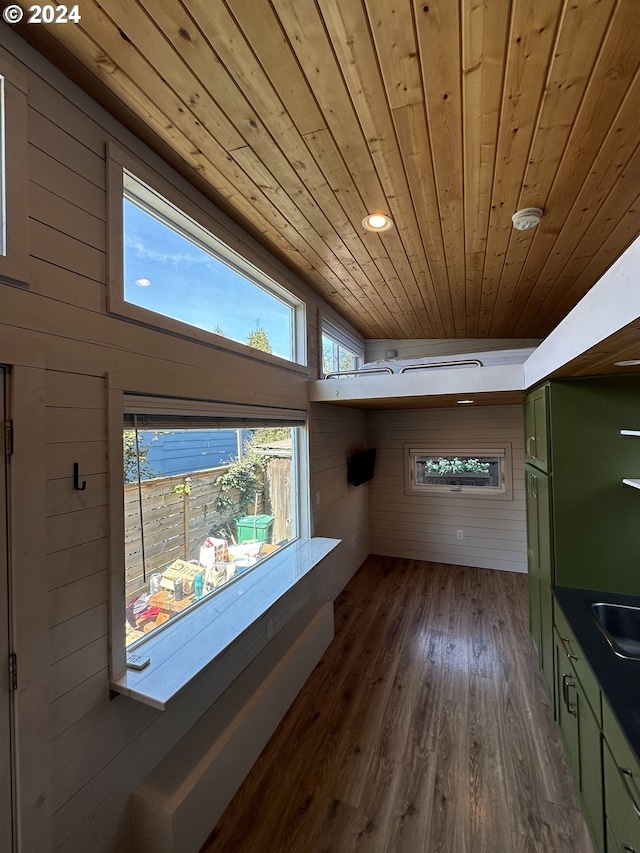 interior space featuring sink, wooden ceiling, and dark hardwood / wood-style floors