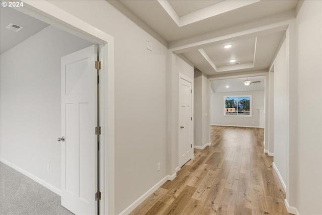 hallway with light hardwood / wood-style floors and a raised ceiling