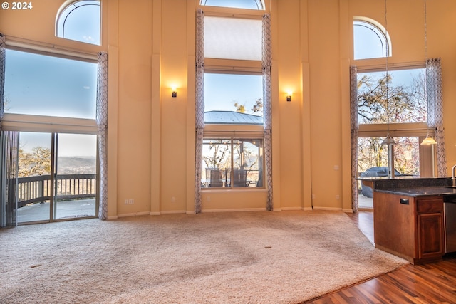 unfurnished living room with plenty of natural light and a towering ceiling