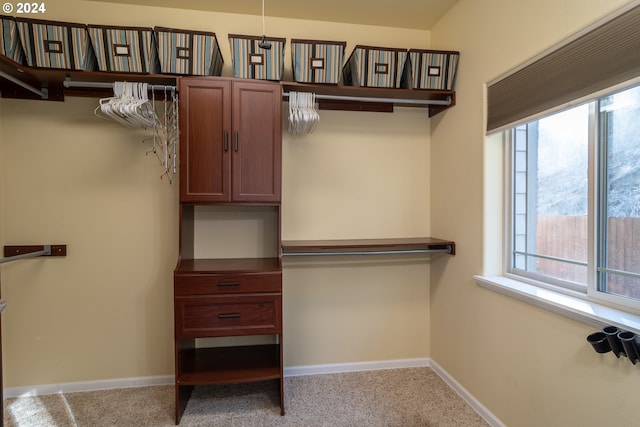 walk in closet featuring light carpet