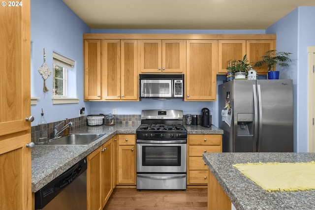 kitchen with appliances with stainless steel finishes, light hardwood / wood-style floors, and sink