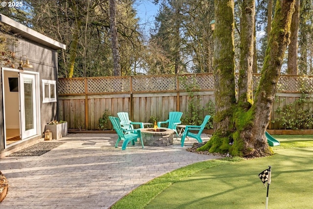 view of patio / terrace with a fenced backyard and a fire pit