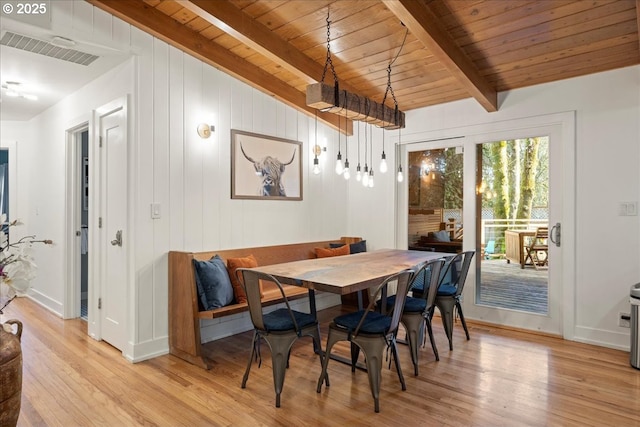 dining area with beamed ceiling, wood ceiling, light hardwood / wood-style floors, and breakfast area