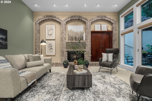 living room with a fireplace