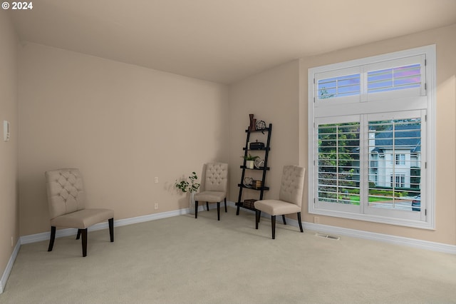 sitting room with light colored carpet