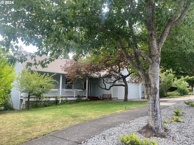 view of property hidden behind natural elements featuring roof with shingles, an attached garage, a front lawn, a porch, and concrete driveway