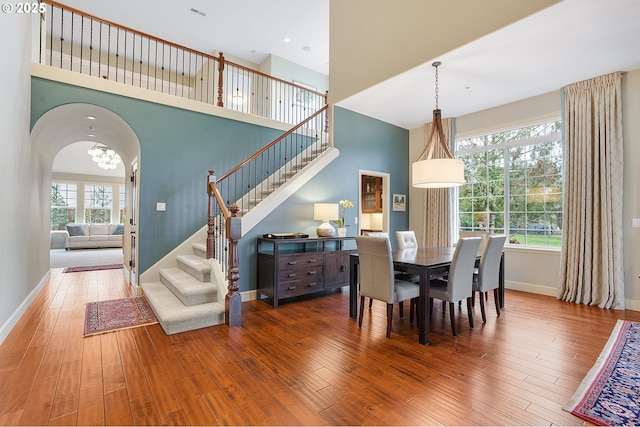 dining room with a high ceiling, plenty of natural light, and hardwood / wood-style floors