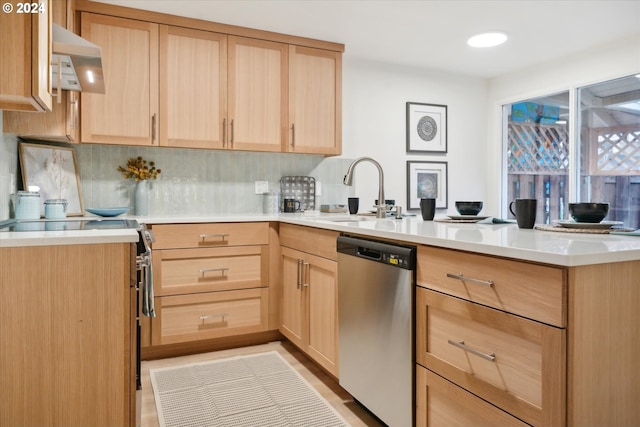 kitchen with appliances with stainless steel finishes, sink, and light brown cabinetry