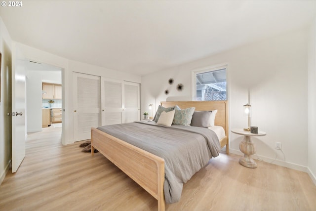 bedroom featuring light hardwood / wood-style floors and a closet