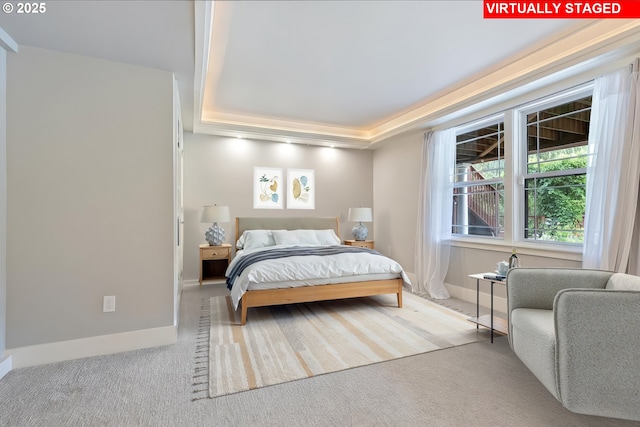 bedroom featuring carpet floors, baseboards, and a tray ceiling