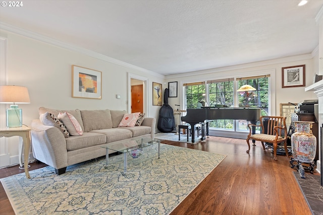 living room featuring dark hardwood / wood-style floors and ornamental molding