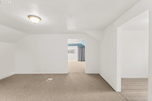 additional living space with light colored carpet, a textured ceiling, and vaulted ceiling