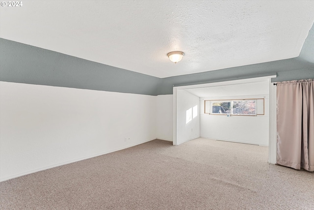 additional living space with carpet, a textured ceiling, and lofted ceiling