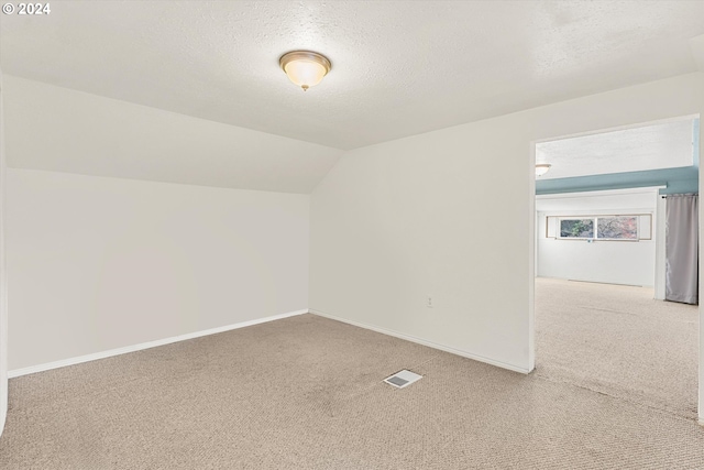 additional living space with carpet, a textured ceiling, and lofted ceiling