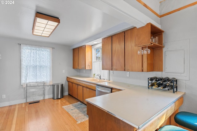 kitchen with kitchen peninsula, light hardwood / wood-style floors, a wealth of natural light, and sink