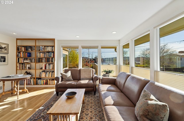 living room featuring wood-type flooring and a healthy amount of sunlight