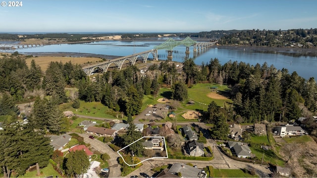 aerial view featuring a water view